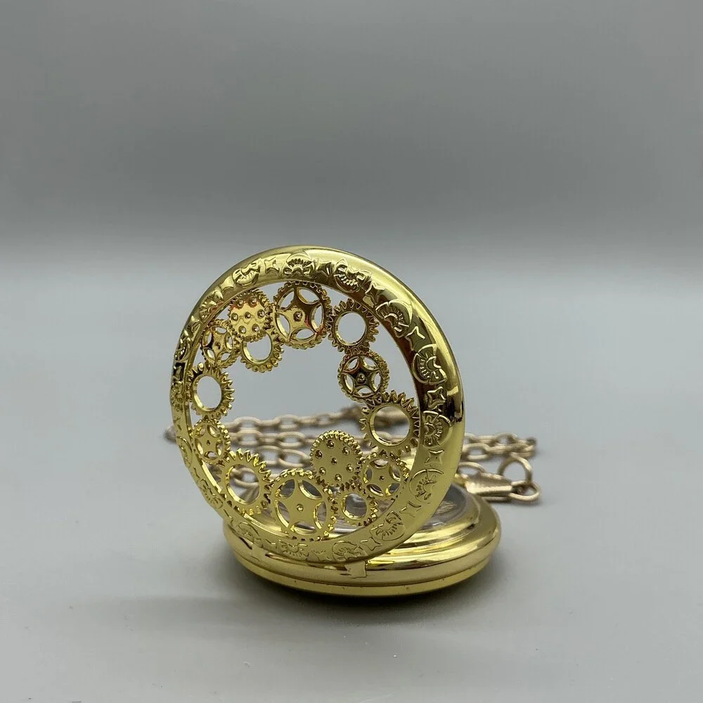 Steampunk Gear Pocket Watch Men 47mm Gold Tone Skeleton Half Hunter Manual